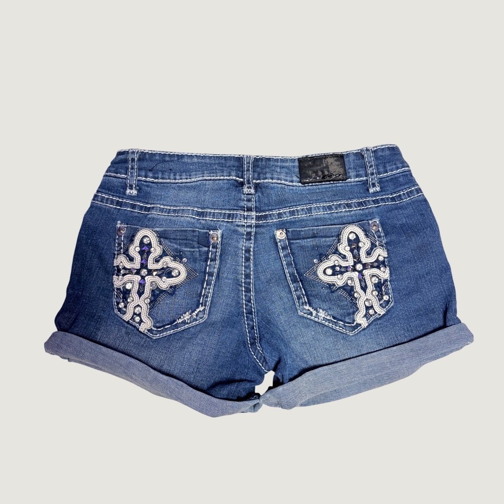 Y2K Wishful Park Denim Shorts Dark Wash Grunge Embroidered Cross Rhinestone #16